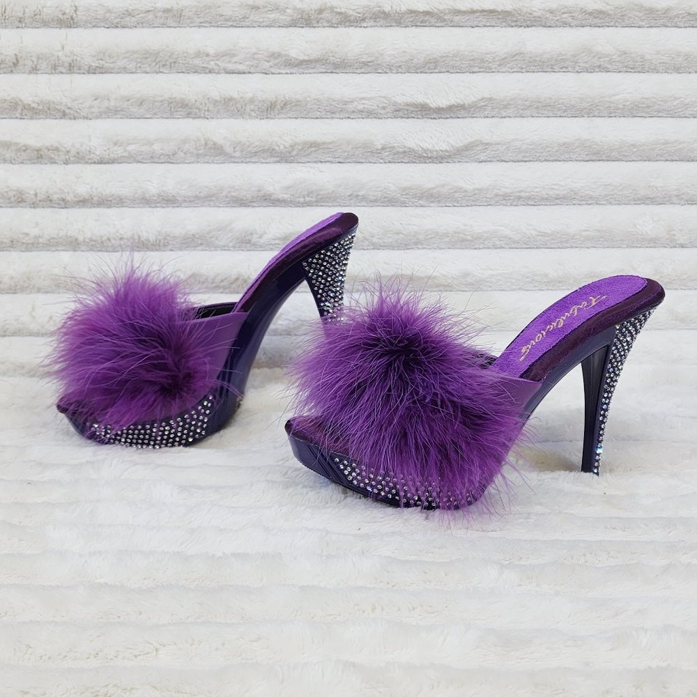 Your Majesty Purple Marabou Feather Rhinestone Platform Slip On Slide…